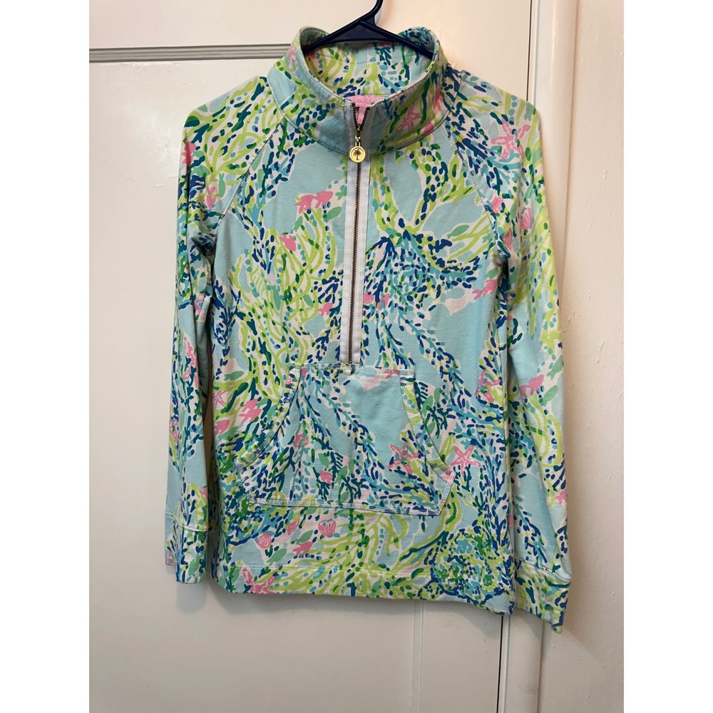 Lilly Pulitzer Skipper Popover XS Blue Green Pink Coral Reef 1/4 Zip Pullover